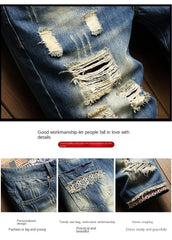 2025 Summer Ripped Denim Shorts Jeans Men's Five Quarter Loose Size Medium Pants Fashion Brand Personality Beggar
