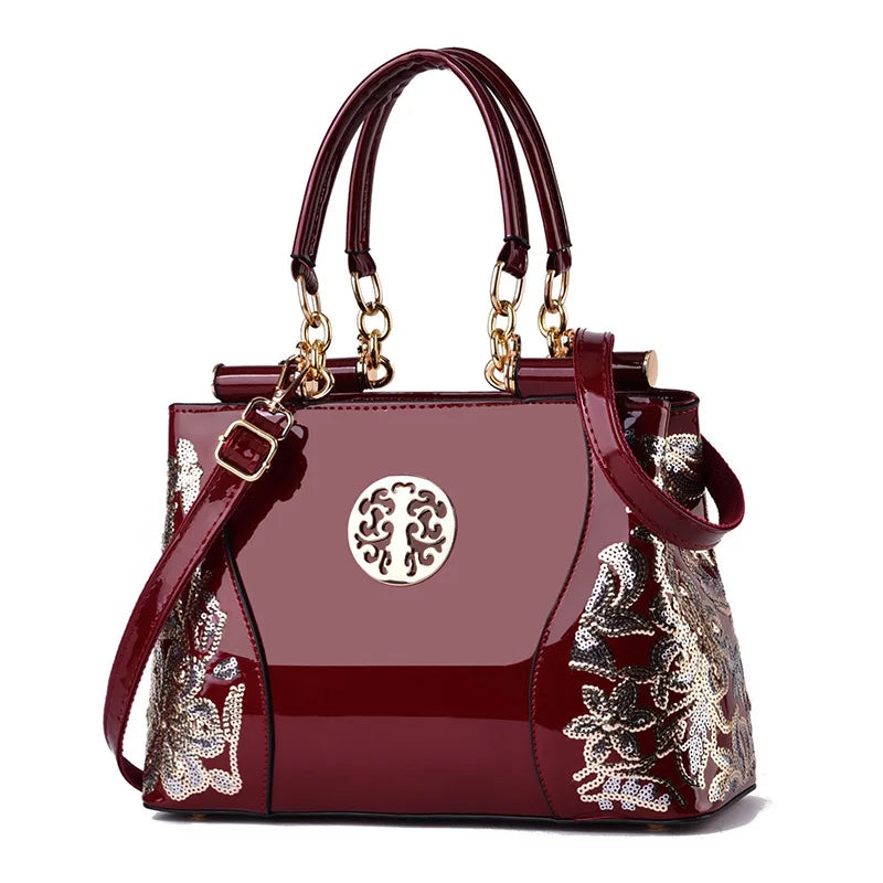 Retro handbag Large capacity bright leather doubl embroidered women's