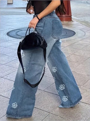 Women's Jeans 2025 Spring Autumn New Fashion Floral Print High Waist Pocket Jeans  Leg