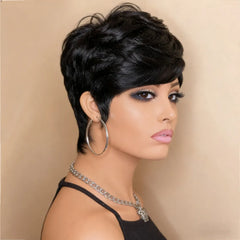 short straight pixie wig pixie cut human hair machine made  wig 6inch balck color 150% density daily party use wig