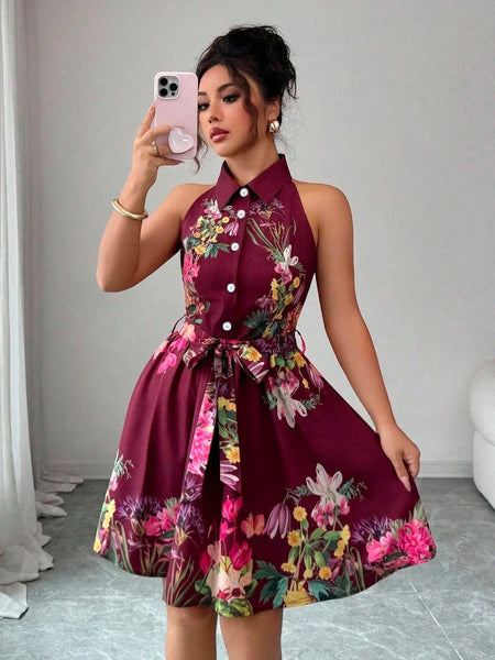 Tropical Print Halter Neck Dress, Vacation Style Backless Dress For Spring & Summer, Women Clothing Women Dress Summer Slimming