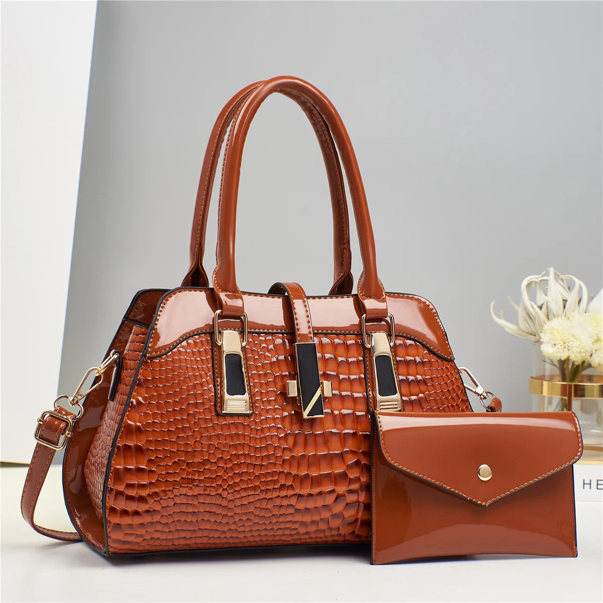Luxury Brand Crocodile Handbag Women Tote Bag Bright Leather