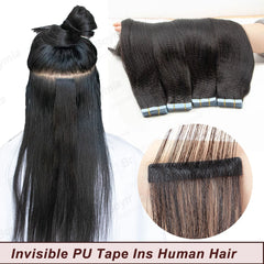 Invisible Tape In Hair Extensions Human Hair Kinky Straight/Light Yaki Straight Injected Tape ins Remy Black Tape On Hair 20PCS
