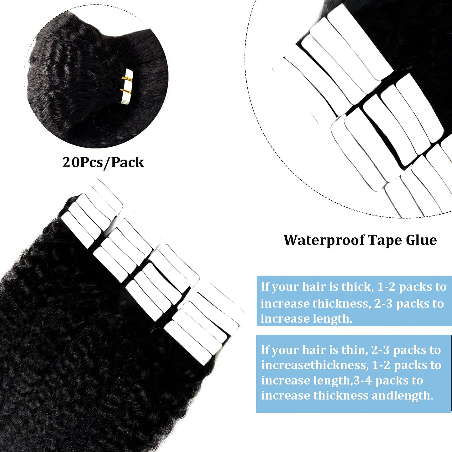 Tape In Kinky Straight Human Hair Extensions Brazilian Hair Adhesive Extensions Skin Weft Black 100% Real Human Hair for Women