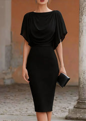 Women's Short Sleeve Midi Dress Cowl Neck Draped Cape Top Bodycon Skirt Elegant Party Evening