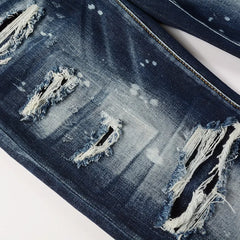 Washed and Made Old Cat Whisker Patch Ripped Elastic Slim Pants Ink Splashing Jeans for Men