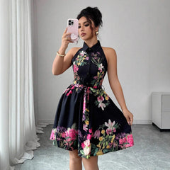 Tropical Print Halter Neck Dress, Vacation Style Backless Dress For Spring & Summer, Women Clothing Women Dress Summer Slimming