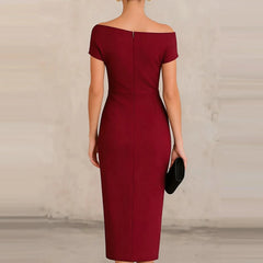 2026 Elegant One Shoulder Commute Midi Dress Summer Women Casual Hight Waist Solid Party Dress Fashion Draped Slim Skinny Dress