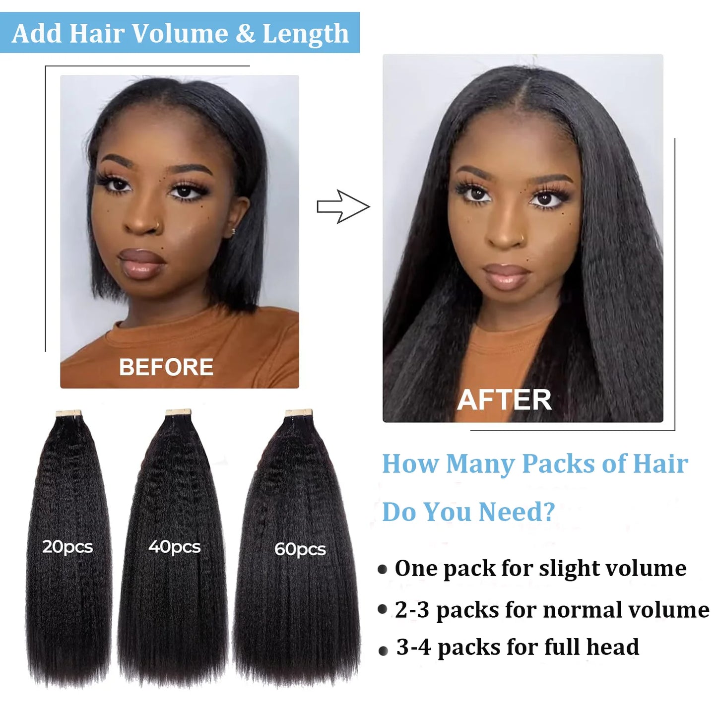 Tape In Kinky Straight Human Hair Extensions Brazilian Hair Adhesive Extensions Skin Weft Black 100% Real Human Hair for Women