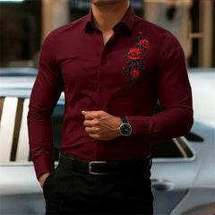 Men's Long-Sleeved Shirt, Featuring a Vintage Red Rose Print Design. A Stylish Business Casual Shirt and Fashionable Men's Top.