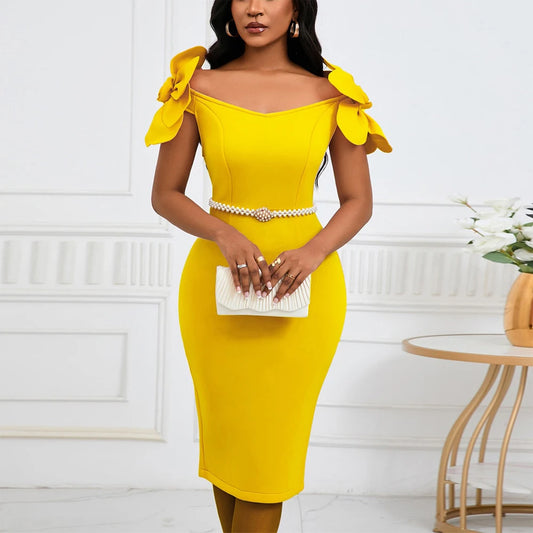 Sexy Bodycon Dresses for Women Slash Neck Petal Sleeve Belt Waisted Sheath Package Hips Mid Calf Professional Work Dress Midi OL