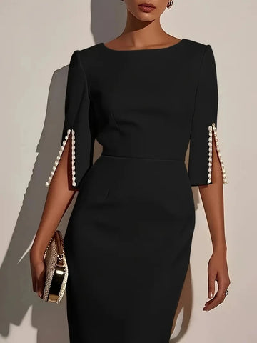 Women's Solid Color Pencil Midi Dress - Pearl Embellished Half Sleeve O-Neck Elegant Office Wear