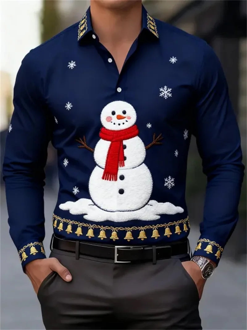 Men's business long sleeved button up shirt, Christmas 3D printed pattern, fashionable long sleeved casual shirt, high-quality c