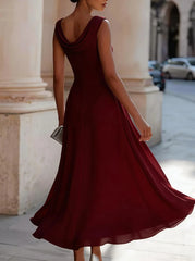 Elegant Sleeveless Cowl Neck Midi Dress with Pleated Waist and Flowing A Line Skirt for Formal Occasions