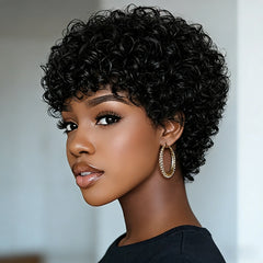 Short Pixie Cut Wig Human Hair Wig Afro Kinky Curly with Bangs for Women Full Machine Made Wig