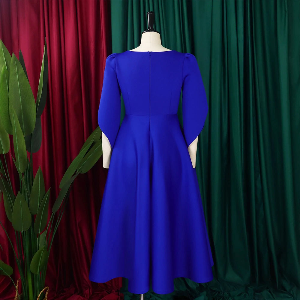 Elegant Party Dresses Woman 2024 New O Neck Half Sleeve High Waisted A Line Pleated Mid Calf Luxury Birthday Dinner Vestidos Hot