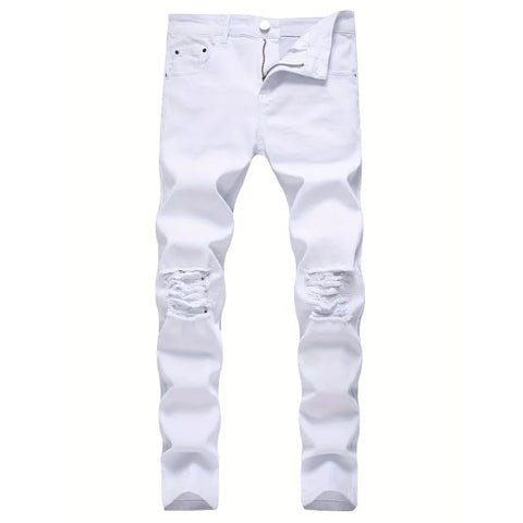 Skinny Stretch Ripped Jeans Men's Distressed Kpop Slim Fit Denim Pants American Street Style Rock Hip Hop White Black Trousers
