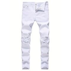 Skinny Stretch Ripped Jeans Men's Distressed Kpop Slim Fit Denim Pants American Street Style Rock Hip Hop White Black Trousers