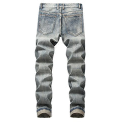 American Fashion Street Style Ripped Skinny Jeans  Street Riding Stretch Slim Fit Straight Pants Patchwork  Denim Trousers Male