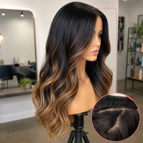 Highlight Brown Balayaga 100% Human Hair Natural Wavy Silk Base Top Lace Front Wigs Bleached Knots Glueless Full Lace Front Wigs