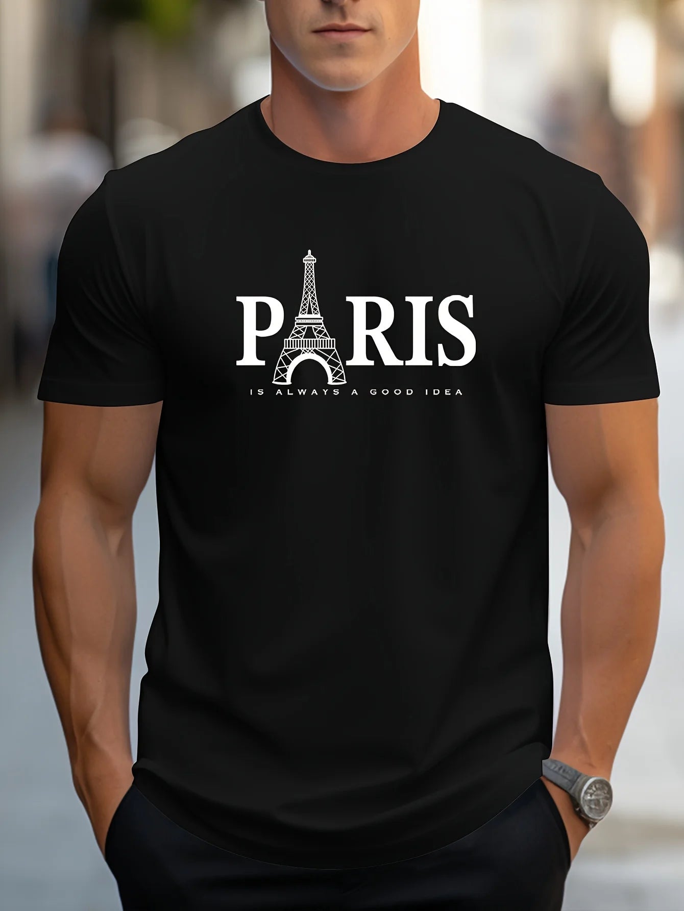 Summer Men's T Shirt Short Sleeve Paris Pattern Print Casual O-Neck Oversized