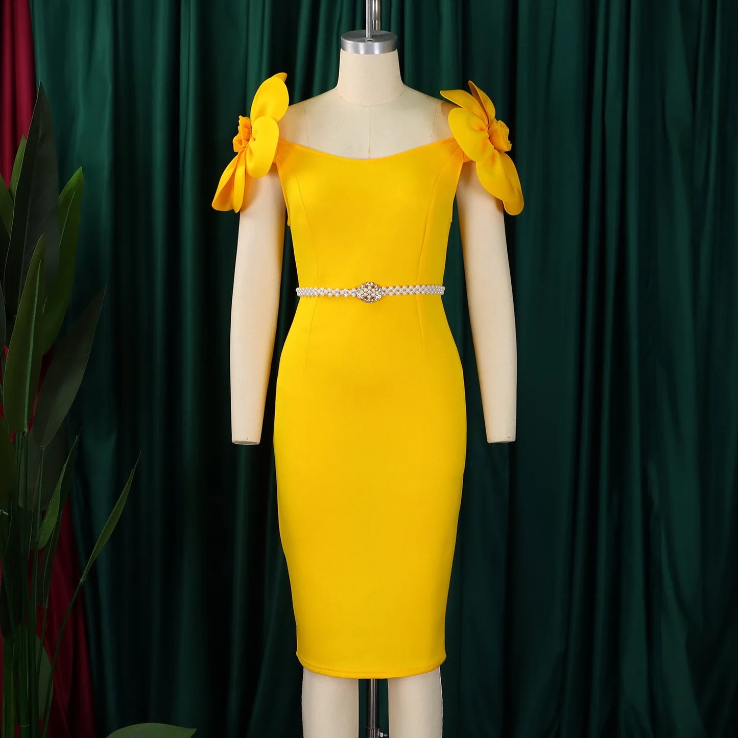 Sexy Bodycon Dresses for Women Slash Neck Petal Sleeve Belt Waisted Sheath Package Hips Mid Calf Professional Work Dress Midi OL