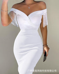 Women Knee Length V Neck Sexy Party Evening High Waist Tassel Decor Off Shoulder Bodycon Dress White Dress Summer