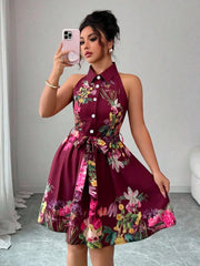 Tropical Print Halter Neck Dress, Vacation Style Backless Dress For Spring & Summer, Women Clothing Women Dress Summer Slimming