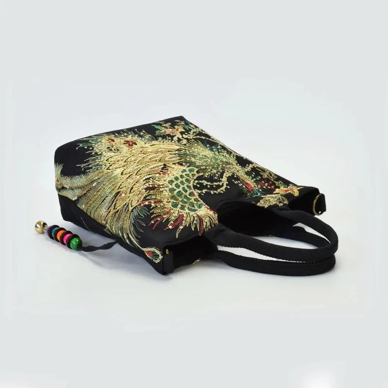 Ethnic Style Sequins Tote Bag, Peacock Embroidery Handbags, Vintage Canvas Crossbody Bag