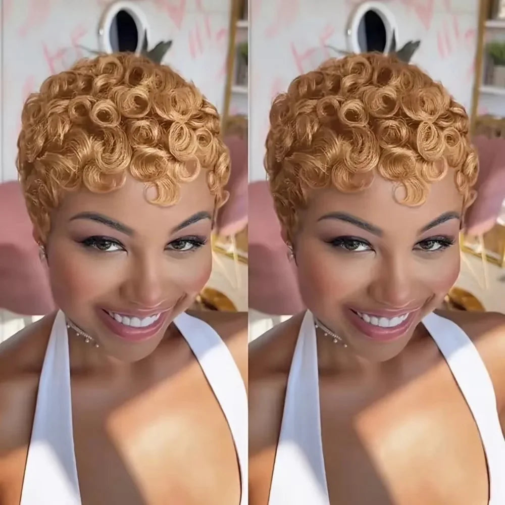 Brazilian Remy human hair Hair Full Machine Wig Curly Pixie Cut Short wig for Women Daily Wear
