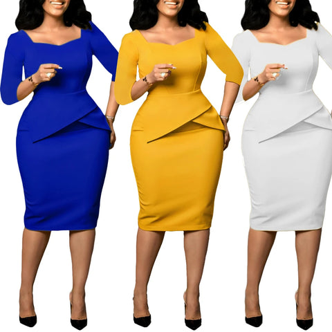 Church Dresses for Women 2025 Elegant Ladies Office Wear Casual Dress Long Sleeve Knee Length Solid Bodycon