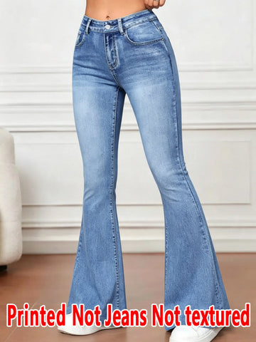 1578 [Printed Pants - Not Faux Denim Fabric]2D Printed Faux Effect, Printed Flared Trousers - Non-Faux Denim