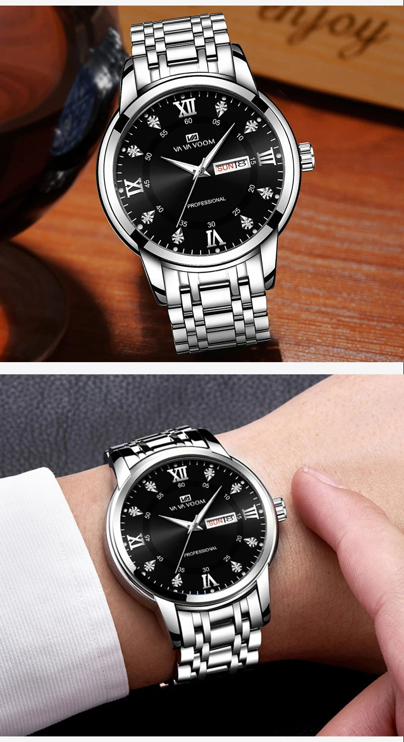 Top Brand Men Watch Stainless Steel Top Quailty Luxury Push Button Hidden Clasp Waterproof Luminous Date Week Sport Wrist Watch