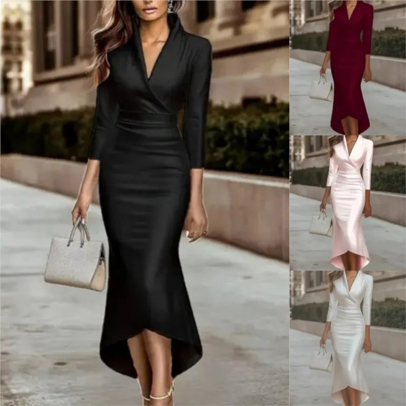 Commuting V-Neck Satin Dress Elegant Sexy Evening Party & Office Ladies Work Wear Stylish Long Sleeve Gown Dresses For Women