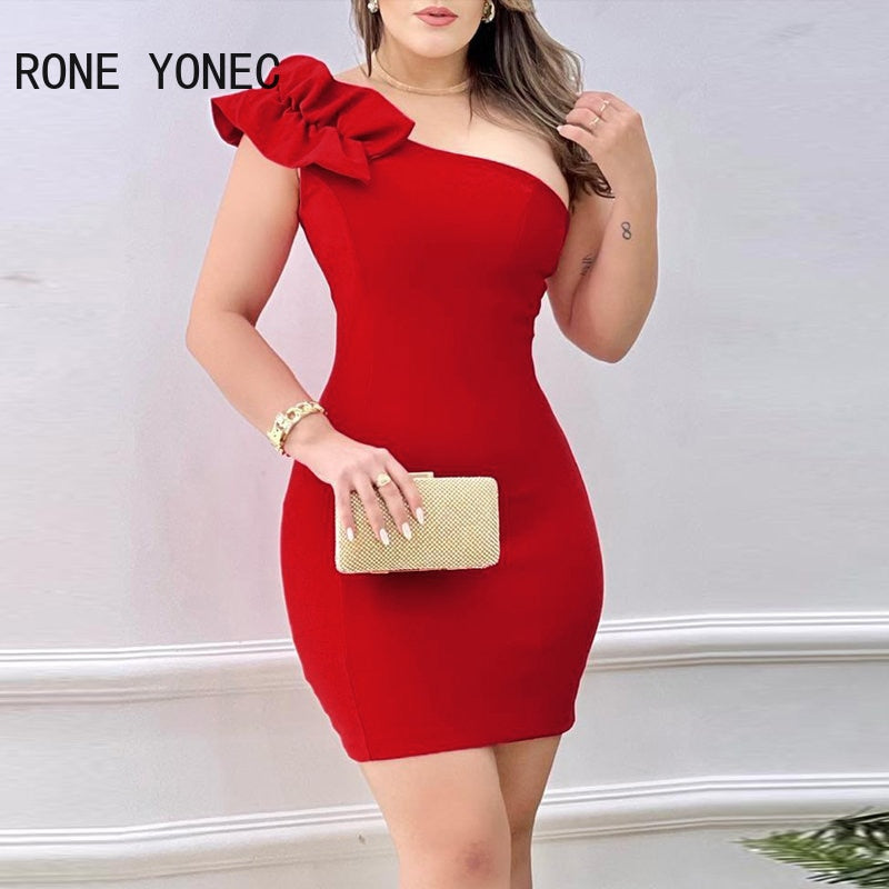 Women Elegant Solid Diagonal Collar Sleeveless Mini Bodycon Formal Party Dress