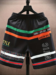 Bear Pattern Letter Print Striped Quick Drying Comfy Shorts Summer Men's Casual Drawstring Shorts For Summer Fitness Beach Short