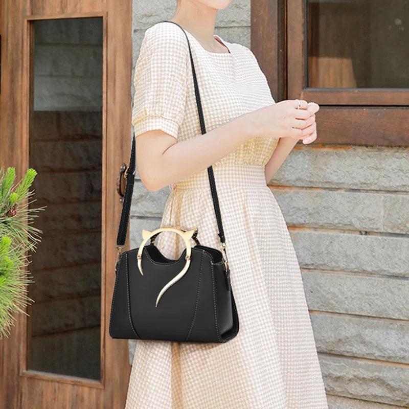 Cat Shaped Handle Women Handbag Trendy And Fashionable, Solid Color, Simple And Casual Crossbody Shoulder Shell Bag