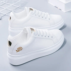 Women Leather Pu Casual Shoes New 2025 Woman Shoes Fashion Embroidered White Sneakers Breathable Flower Lace-Up Women Sneakers