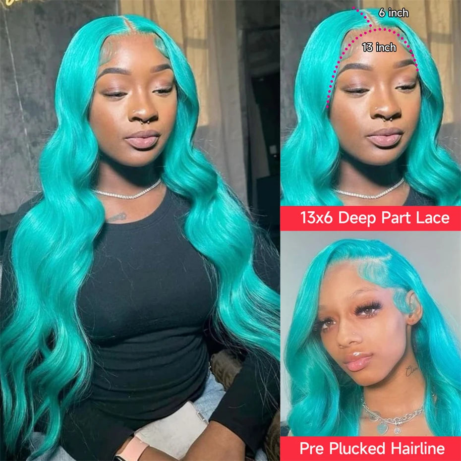 13x6 Teal Ocean Blue Lace Front Wig Human Hair Body Wave 613 Blonde hair