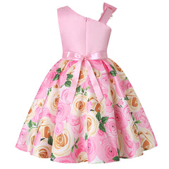 New diagonal shoulder children's dress rose print dress dress Girl party dress festival performance dress ins
