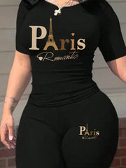2026 Women's New Paris Printed Two-Piece Set, Casual Short-Sleeved Round Neck T-Shirt t