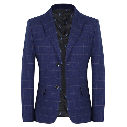 Men's Slim Fit Plaid Blazer Casual Spring Autumn Fashion Polyester Coat Handsome All-Matching Suit for Middle-Aged