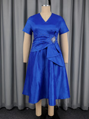 Elegant Satin A Line Dress for Women V Neck Short Sleeves Peplum Waist Rhinestone Weddings Guest Church Formal Events Gowns