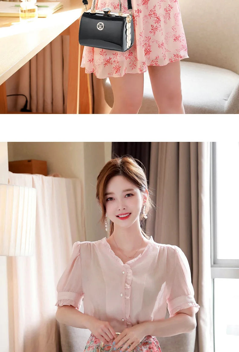 Fashion Women's Bright Leather Steel Armor Bag New Lacquer Leather Bride Handbag