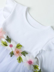 Girls' Long-Sleeve Tulle Dress Flower Belt Elegant Casual Spring Autumn