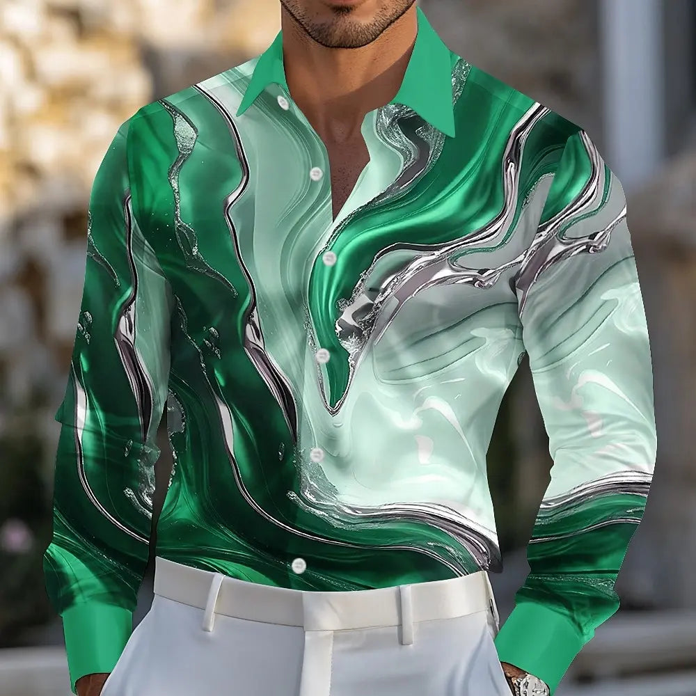Mens Marble Abstract Liquid Art Formal Shirt Long Sleeve Fashion Casual
