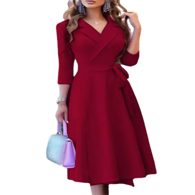 New Womens Dress Clothing Printing Suit Collar Tie Dress