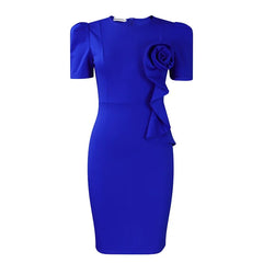 Casual Basic Women's Ruffled 3D Flower Short Sleeve Bodycon Mid Pencil Dress Elegant