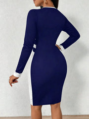 Women's Blue White Color Block Bodycon Dress - Long Sleeve Round Neck Midi Dress with Button Detail, for Office, Work & Formal