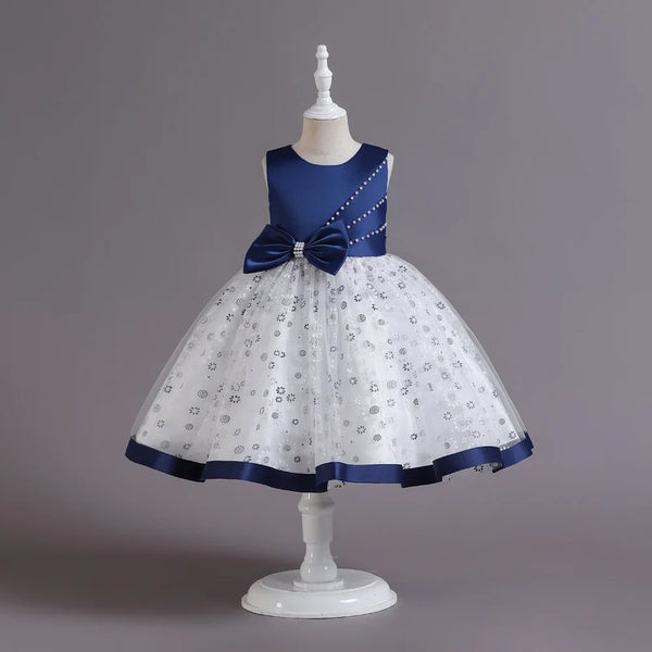 Kids Pearl Detailing Large Bow Floral Tulle Skirt Girls Sleeveless Dress Satin Accented Bodice Satin Hem Children Elegant Outfit
